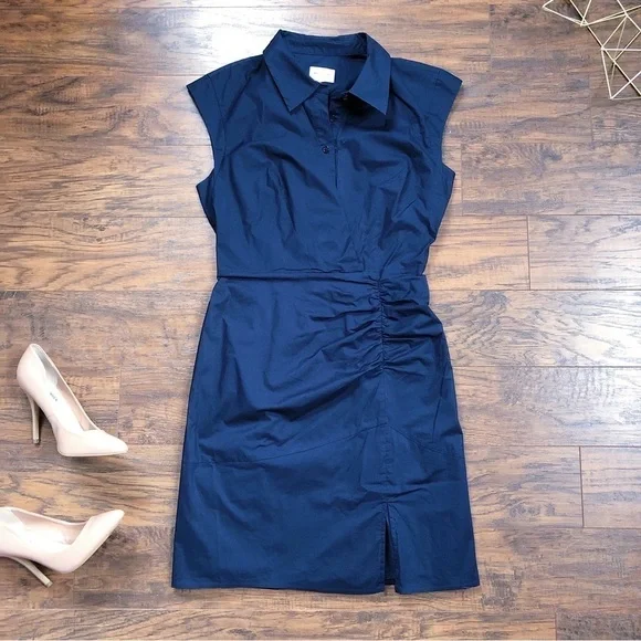 MILLY • Maxwell Ruched Poplin Shirtdress navy cap sleeve sheath dress fitted